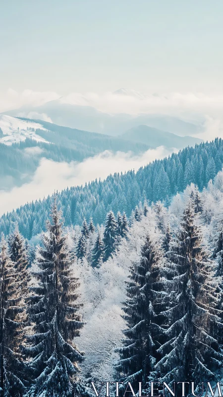 Snow laden conifer forest and misted alpine ridge panorama.
