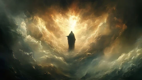 Luminous cloaked figure emerging from storm-wracked clouds.