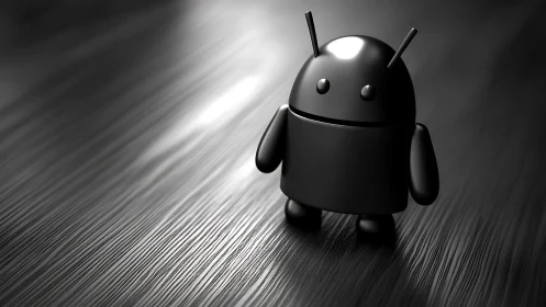 Black android robot figure on reflective brushed surface.