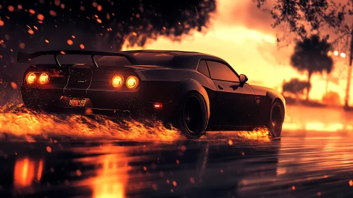 Widebody muscle car powerslides through reflective wet roadway at dusk