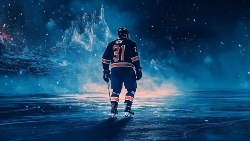 Solitary hockey skater surveys icy landscape under cinematic haze