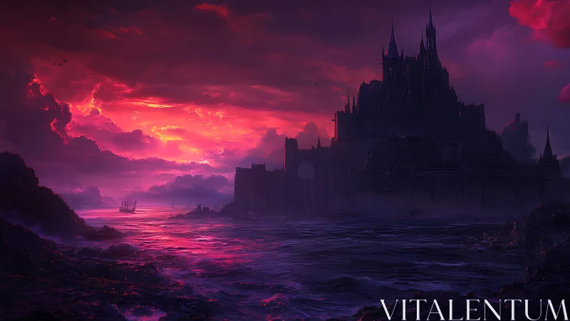 Dark coastal fortress under crimson storm sky, digital painting.
