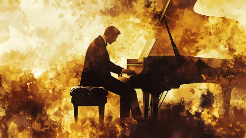 Golden evening pianist surrounded by warm glowing color.