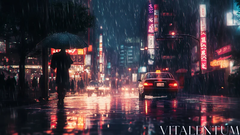 Rain-soaked city night with glowing streets and quiet taxis.