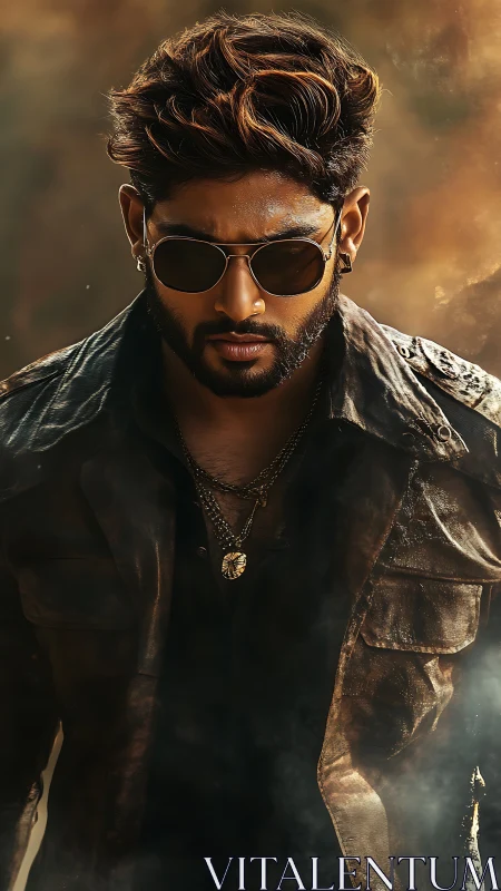 Brooding man in leather jacket emerges through smoky light.