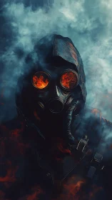Hooded gas mask figure stares through burning lens eyes