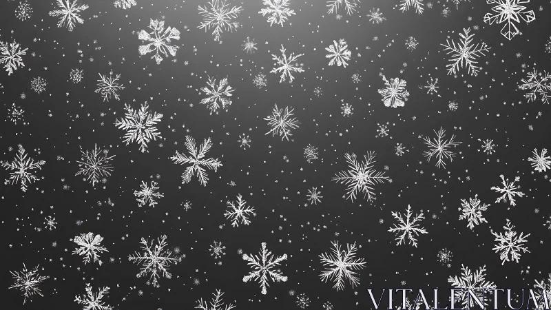 Intricate white snowflakes drifting over charcoal sky.