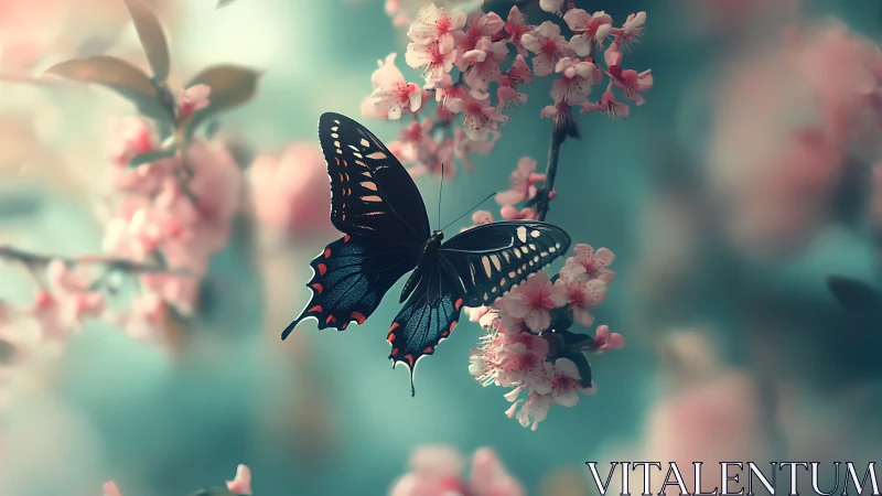 Black butterfly rests on soft-focus pink cherry blossoms.