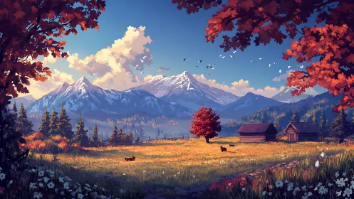 Autumn valley farmland under snowcapped mountains in warm rim light