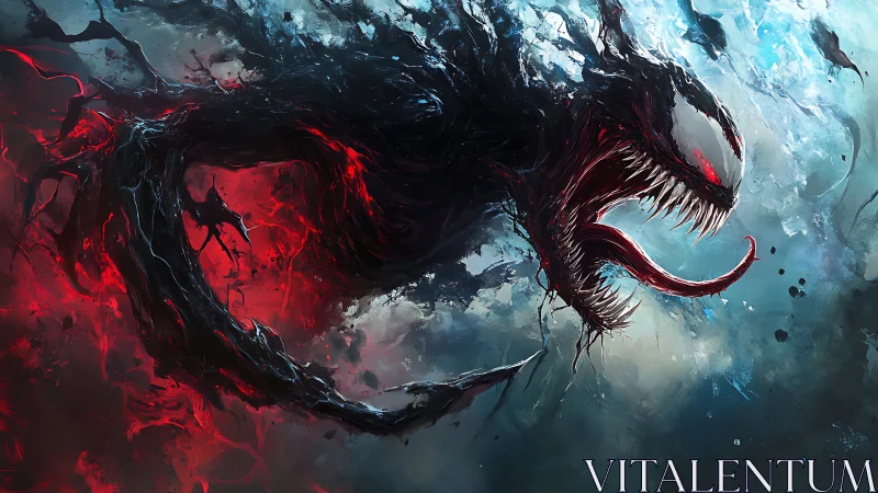 Alien symbiote lunges through chaos in split red blue storm.