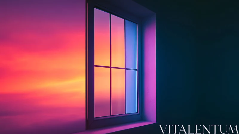 Rectangular window frame against gradient sunset sky.