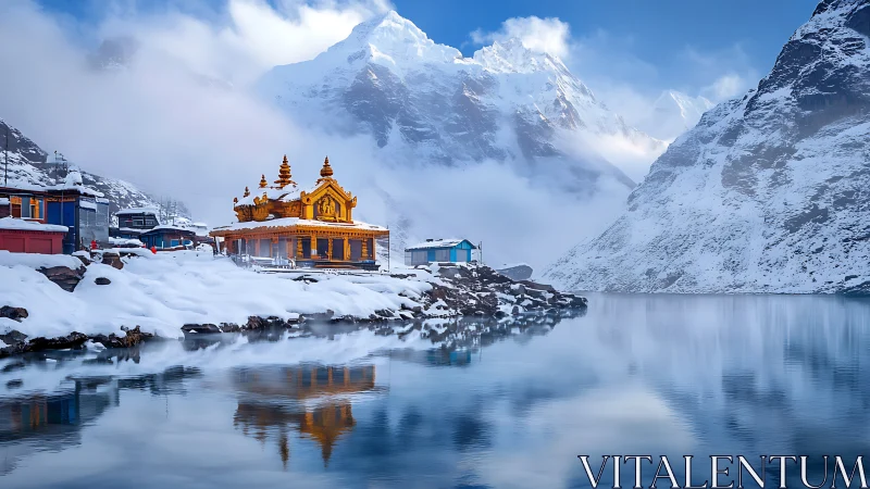 Golden Himalayan temple reflected in glacial alpine lake