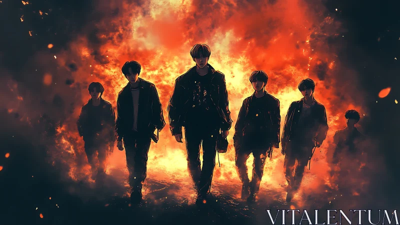 Six silhouetted figures advance through towering inferno with dynamic particle dispersion.