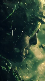 Soldier profile portrait shows helmet, visor, and debris-lit face