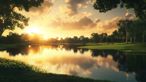 Sunset polishes the quiet lake into molten golfing glass