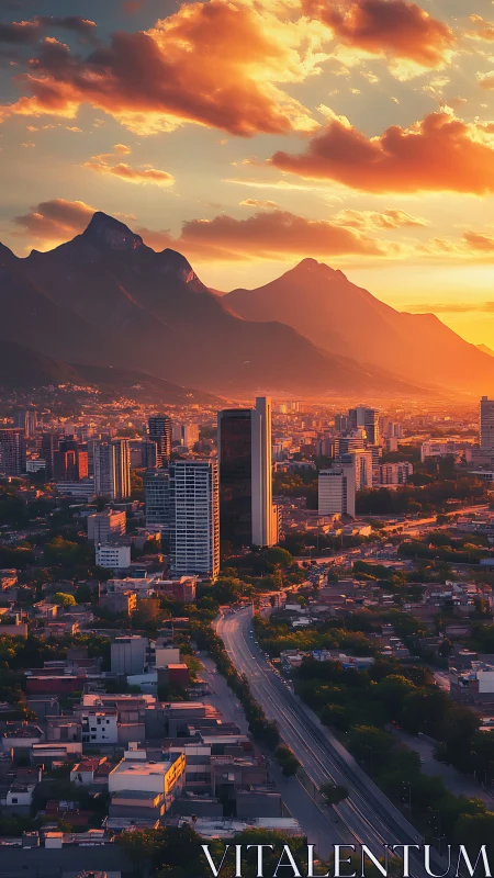 Sunlit mountain city skyline glows under dramatic sunset clouds