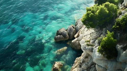 Coastal limestone cliff with turquoise shallows and dense pine canopy