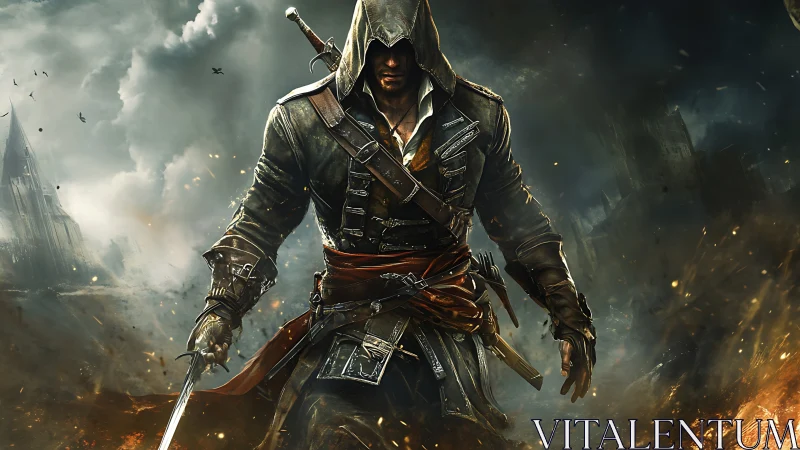 Hooded rogue strides through burning ruins with steel bared.