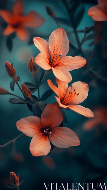 Peach-colored flowers with red stamens bloom against teal background