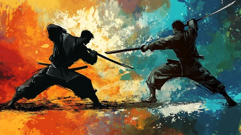 Samurai duel silhouettes over split fiery and icy palette.
