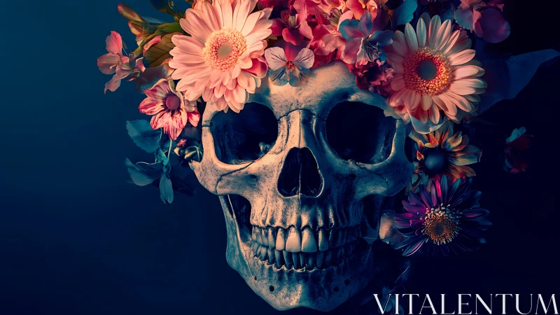 Digital painting of floral crowned skull in dramatic chiaroscuro.
