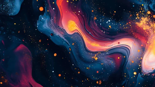 Abstract cosmic fluid pattern with orange and blue swirls.