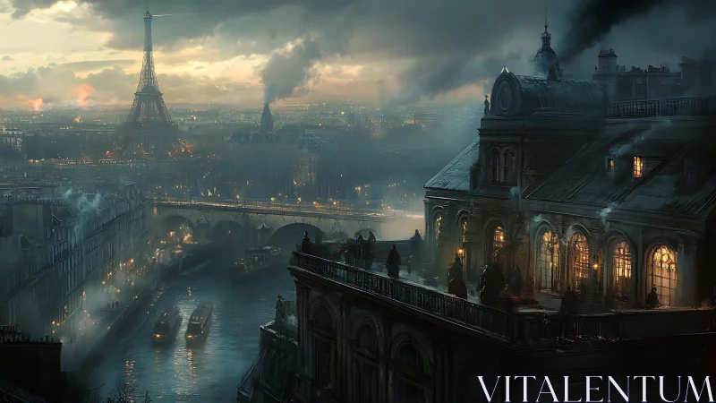 Moody steampunk Paris skyline glows through river fog