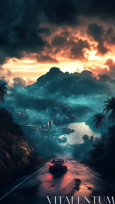 Lone car descends toward neon bay city at stormlit sunset