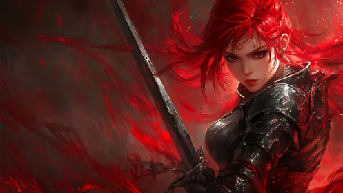 Blaze-haired swordmaiden carving fury through scarlet storm.