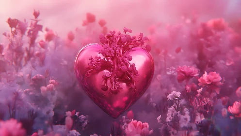 Crystalline Heart Encasing Carnation Floral Architecture Within Chromatic Field.