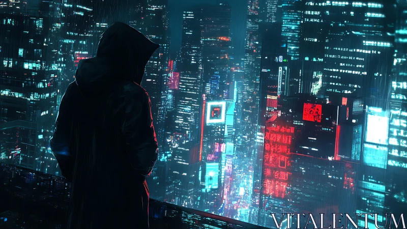 Hooded figure surveys neon-drenched cyberpunk megacity at night