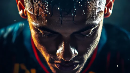 Sweat-soaked athlete bows his head in intense pregame focus