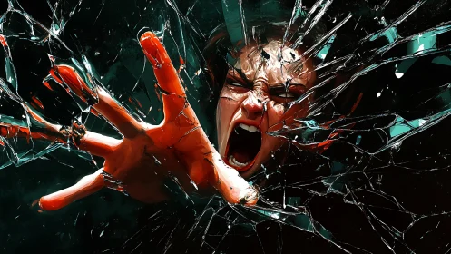 Screaming person smashing through cracked glass barrier