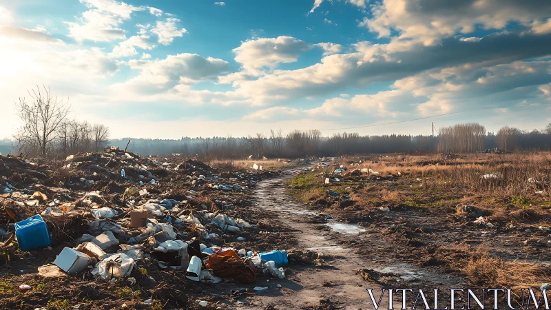 Rural dirt road lined with scattered trash and debris.