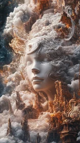 Architectural cloud deity head merges baroque relief with eroded spires