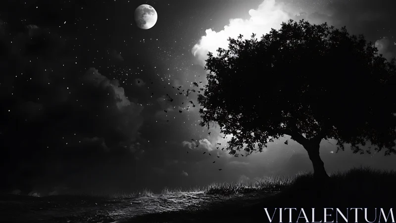 Luminous moonlit nightscape with silhouetted oak and distant flock