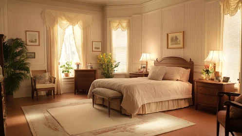 Sunlit traditional bedroom with warm wooden furnishings.