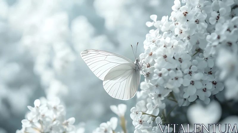 White butterfly rests on clustered white flowers in soft focus