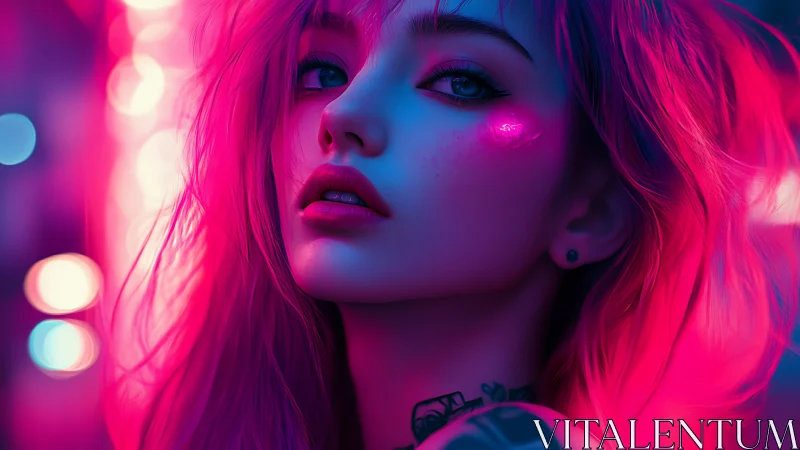 Neon-lit cyber muse in vivid magenta and cyan glow.