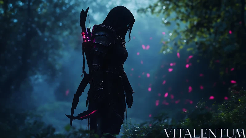 Hooded arcane ranger in bioluminescent forest atmosphere.