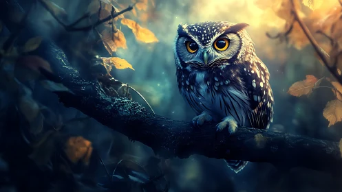 Majestic Owl on Branch in Magical Forest, Digital Art Style.