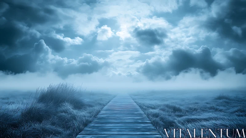 Misty wooden boardwalk cuts through frosted grass under storm clouds