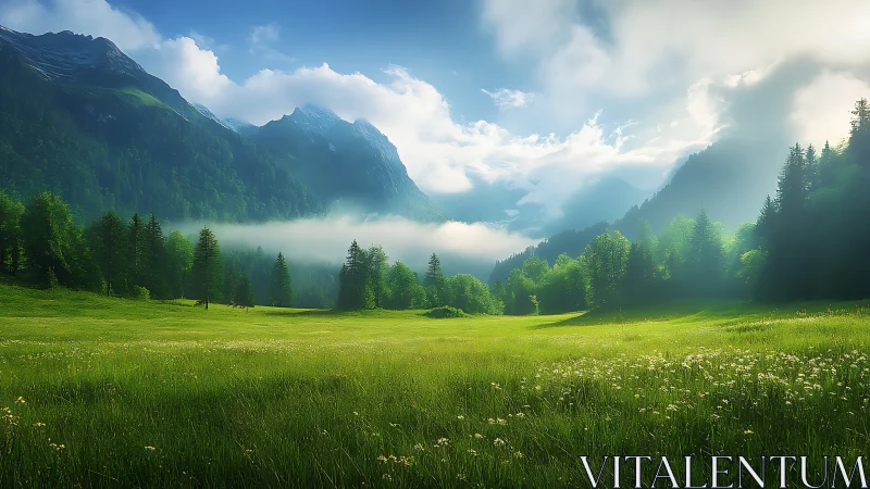 Sunlit valley meadow dreaming beneath misty mountain crowns.