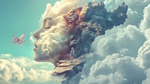 Surreal cloud-formed female profile merges with rocky cliff pathway