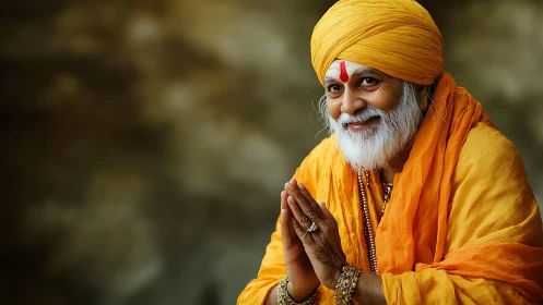 Smiling elder in saffron robes under warm cinematic light.
