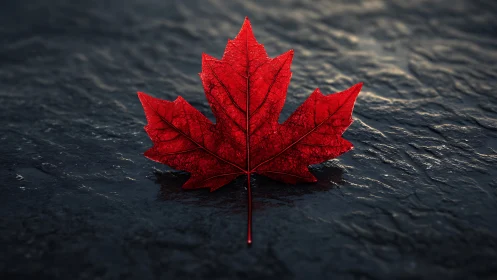 Crimson maple leaf on wet stone with cinematic edge lighting.