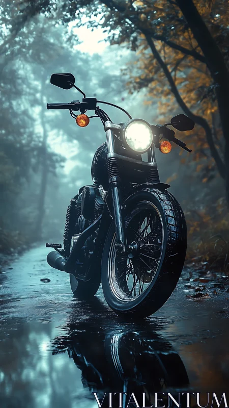 Midnight motorcycle waits on a misty forest road for riders