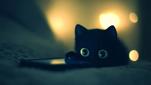Black Cat with Luminous Eyes Surrounded by Bokeh Lights
