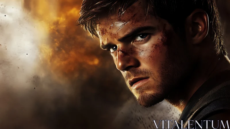 Battle-scarred operative in high-contrast cinematic close-up.