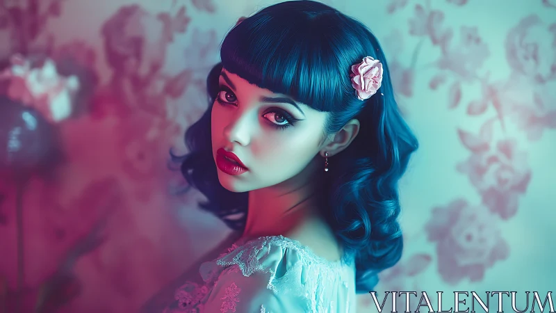 Retro portrait with teal magenta lighting and stylized bokeh background